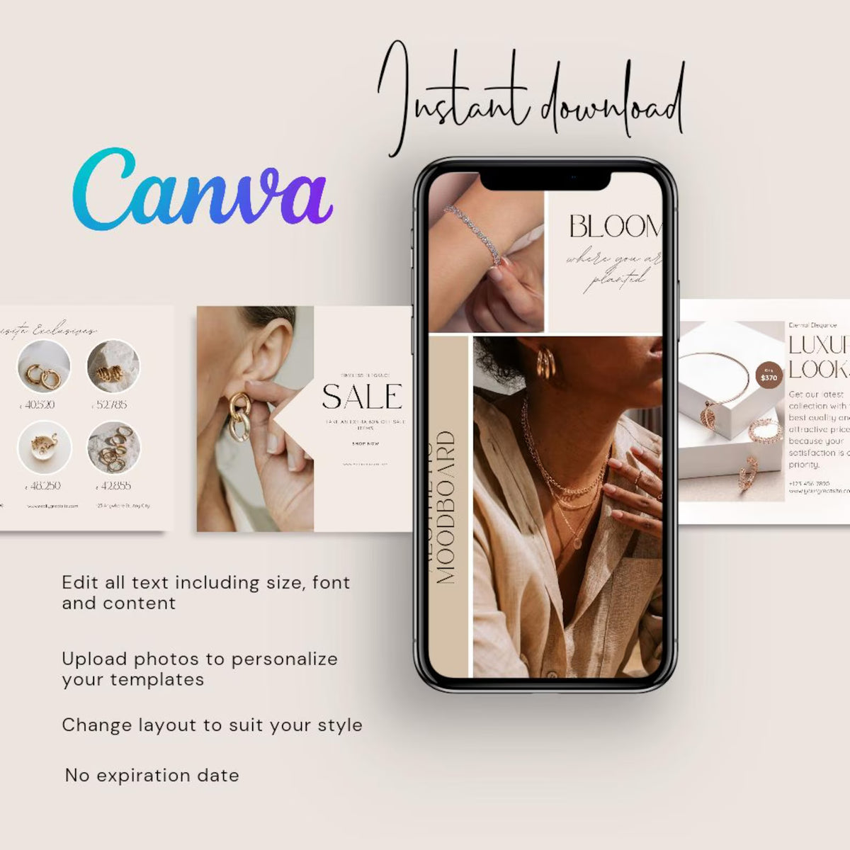 Jewelry Instagram Templates – 60 Editable Canva Designs (Posts + Stories)